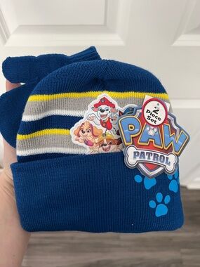 Paw Patrol Blue, Yellow & Gray Knit Beanie with Mittens Set